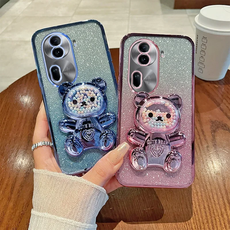 Pre prípad OPPO Reno 11 5G Pase Soft Silikone Bling Electroplatované puzdro TPU pre OPPO Reno11 5G Zadný kryt roztomilý stojan na medveď