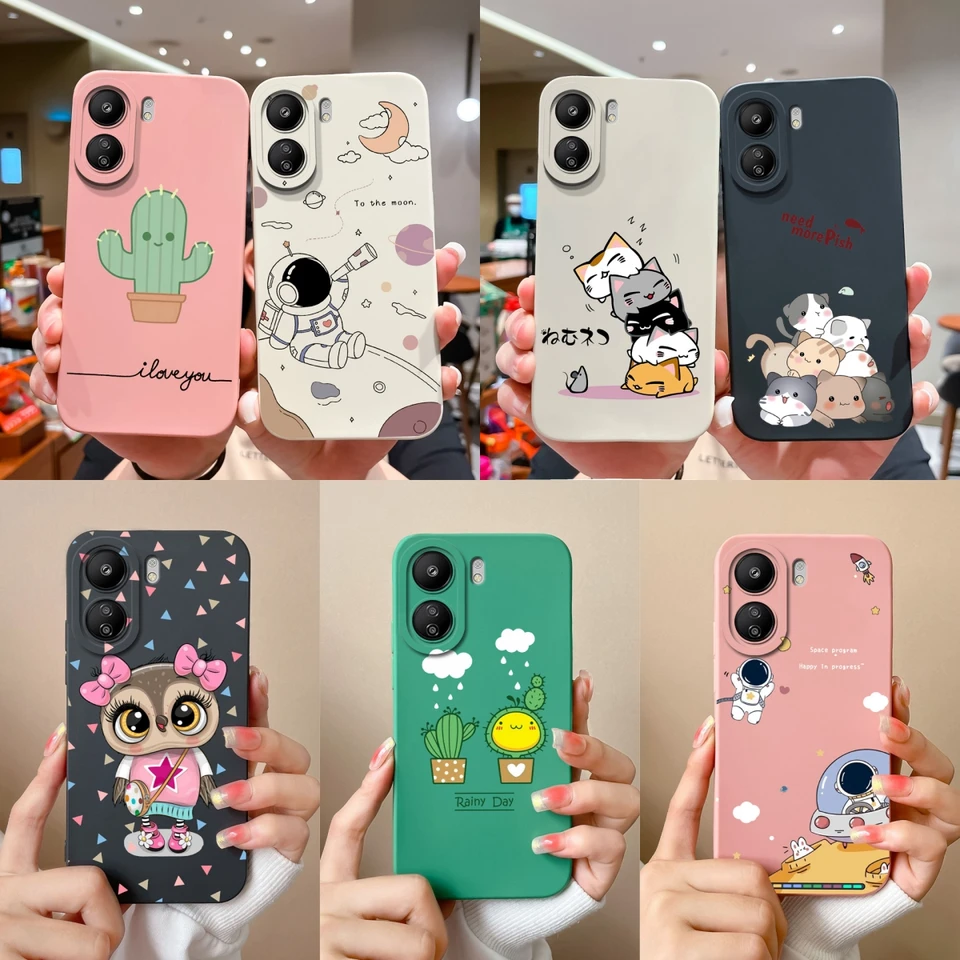 Pre prípady Redmi 13C 4G Cute Cactus Astronaut Liquid Soft Silikone Drop-rezistentný nárazový nepriestrelný pre Xiaomi Redmi 13 C Bumper