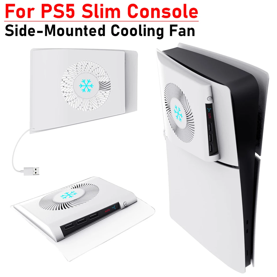 Pre PS5 Slim Console Cooling Console Tichý chladič s 3 USB 2.0 Porty Bočná teplota Ovládanie chladiaceho krytu Ventilát