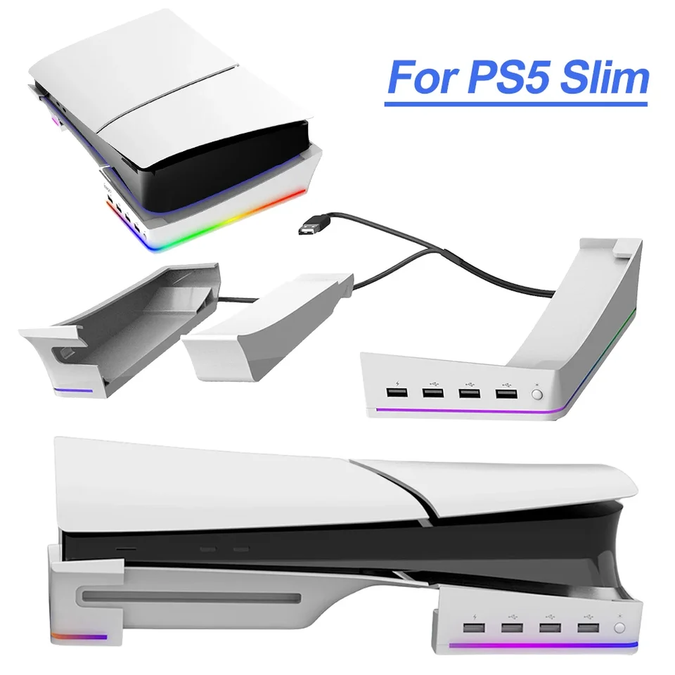 Pre PS5 Slim Horizontal Držiteľ s bočnou základňou bočného náboja 1 Rýchle nabíjanie a 3 dátum prenosu USB 2.0 port pre PlayStation 5 Slim