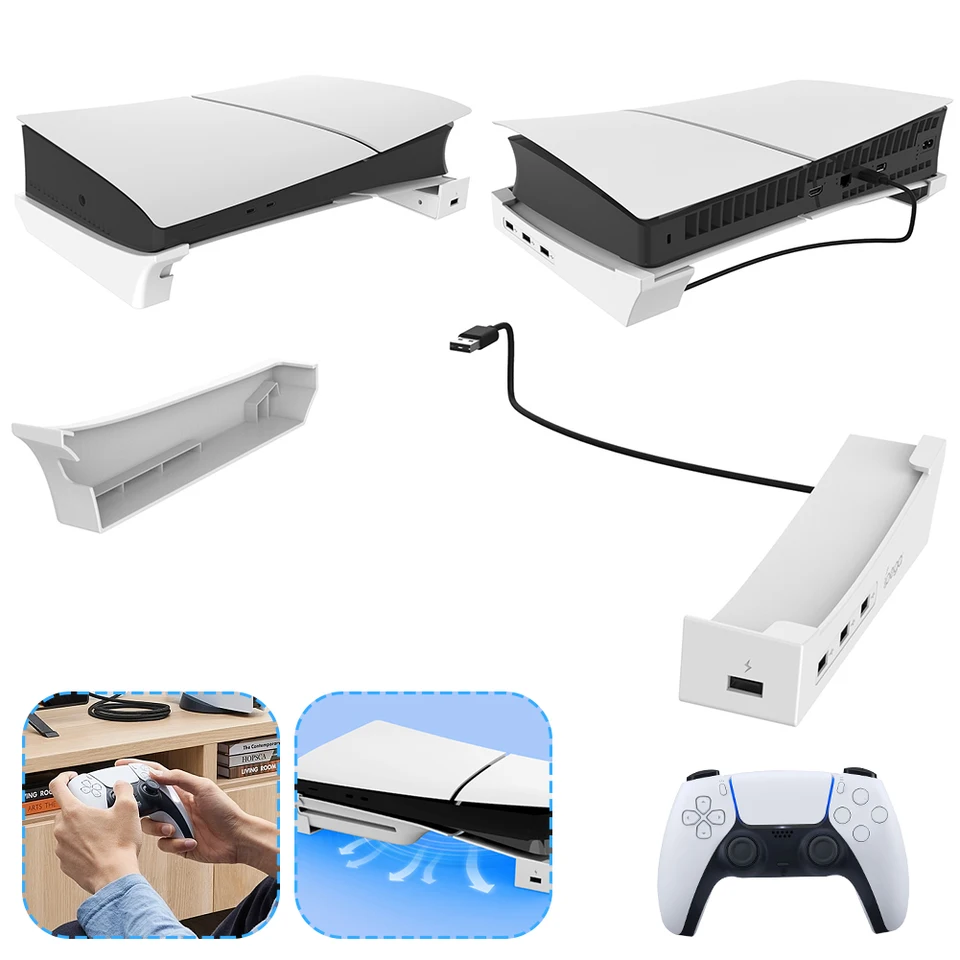 Pre PS5 Slim Horizontal Držiteľ s držiteľom hostiteľa Hub 1 Rýchle nabíjanie a 3 dátum prenosu USB 2.0 port pre PlayStation 5 Slim