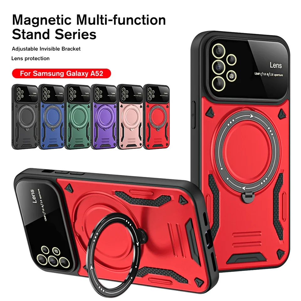 Pre puzdro Samsung Galaxy A52 Plná ochrana šošoviek Magnetický pokryt Samsunga52 4G A52S 5G 360 ° Rotate Hidden Ring Fundas Coque Coque