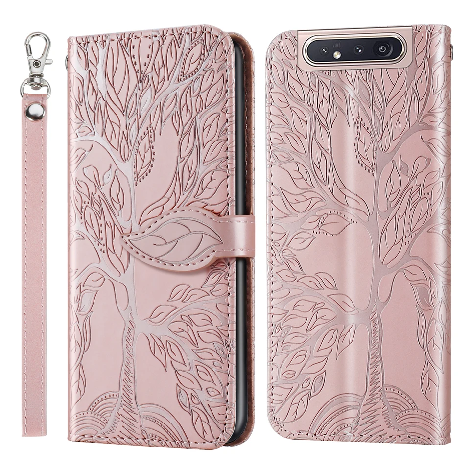 Pre puzdro Samsung Galaxy A80 / A90, kožené puzdro Tree of Life s slotom na kartu, kožené puzdro pre mušle
