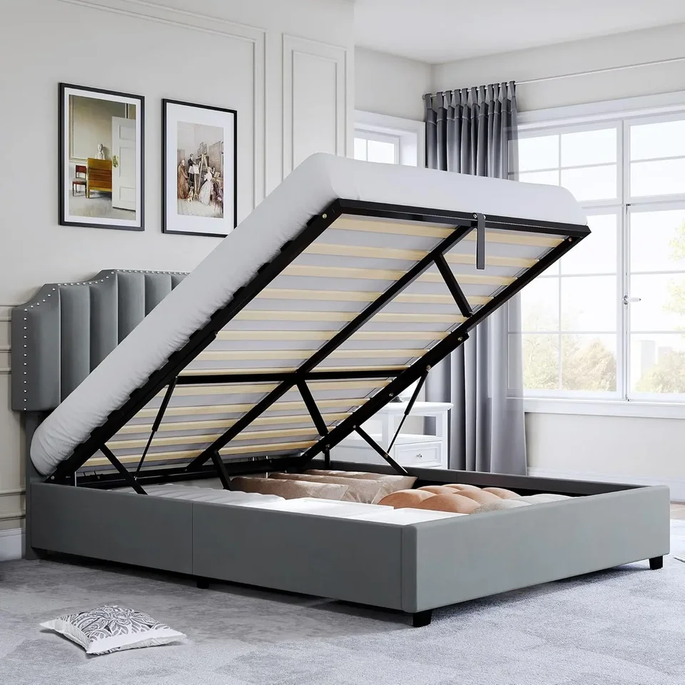 Pre Queen Vifer Up Up Storage Bed Ráme s nastaviteľným čalúnenou plošinou čelo Platforma, robustnými drevenými lamelami a kovovou podperou