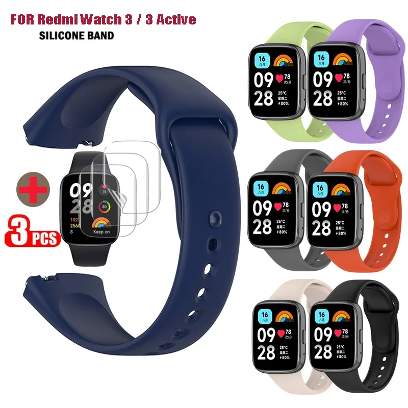 Pre Redmi Watch 3/3 Active / 3 Lite 2in1 Silikónové pásové pásmo + 3pcs Anti-Scratch HD Protector Screen Screen