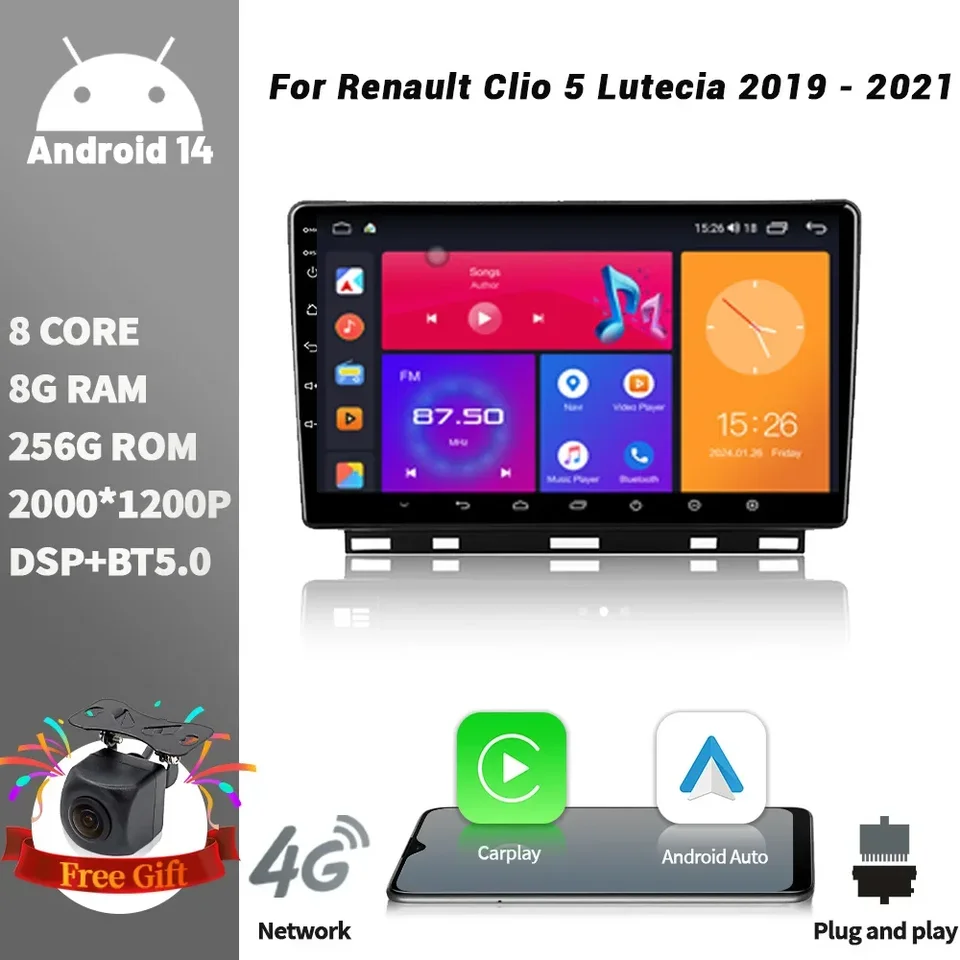 Pre Renault Clio 5 Lutecia 2019 - 2021 Android Auto Car Radio Multimedia Video Player GPS navigačný CarPlay 5G WiFi SOM Automo