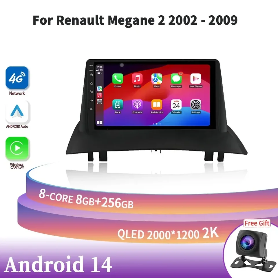 Pre Renault Megane 2 2002-2009 Android 14 Auto Radio Multimedia navigačné GPS 4G WiFi Wifi Wireless CarPlay Stereo System 2Din Screen Screen