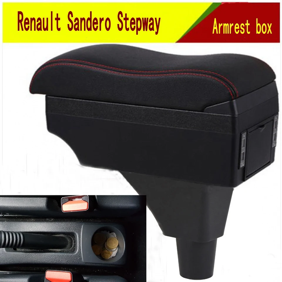 Pre Renault Sandero Stepway lakťová lakťová lakťová lakťová krabica rameno lakťového lakťového strediska Console Storage Case Modifikácia príslušenstvo s pohárom držiteľom USB
