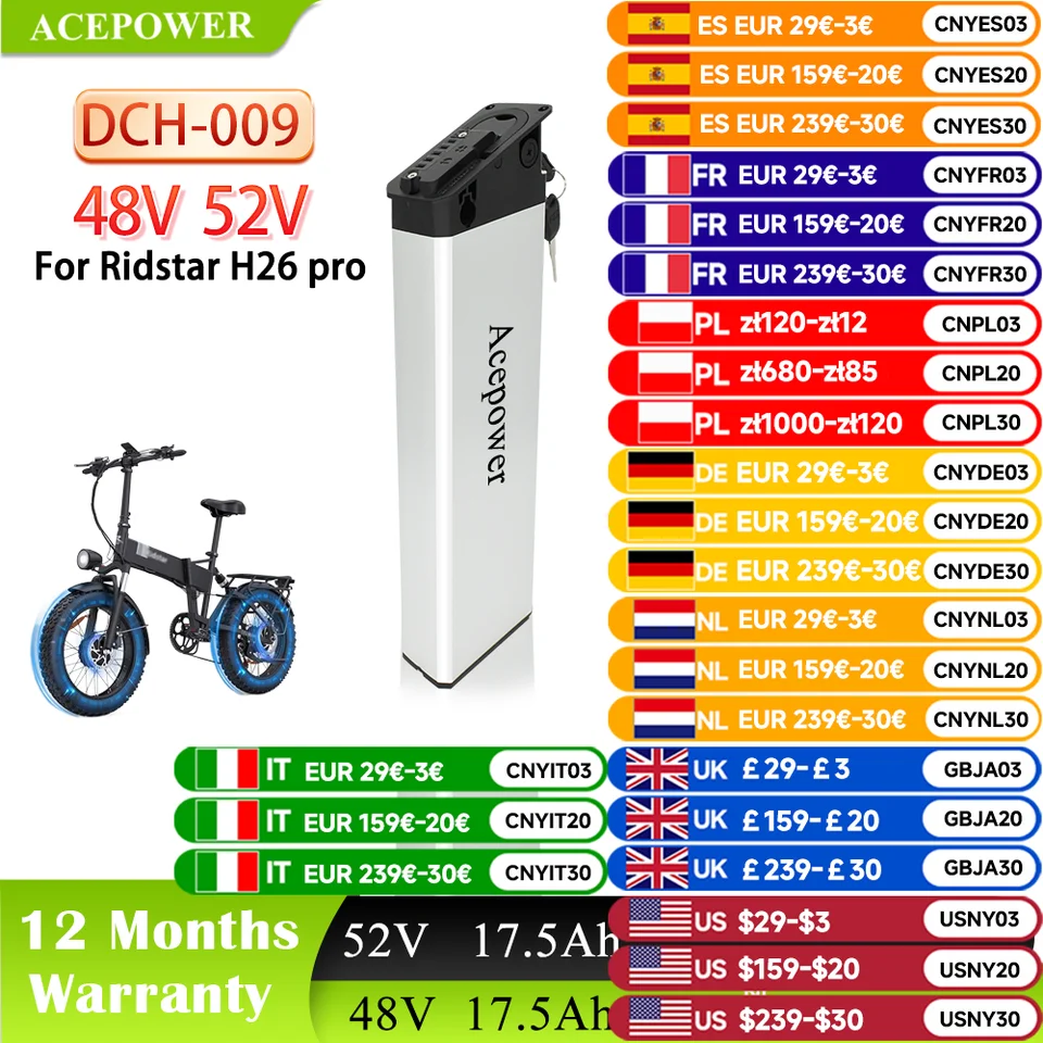 Pre Ridstar DC-26 Ridstar H26 Pro Ebike Battery 48V 13AH 16AH 17AH 17,5AH BATÉRIA PRE Ridstar Winter H20 Skladacie batérie ebike