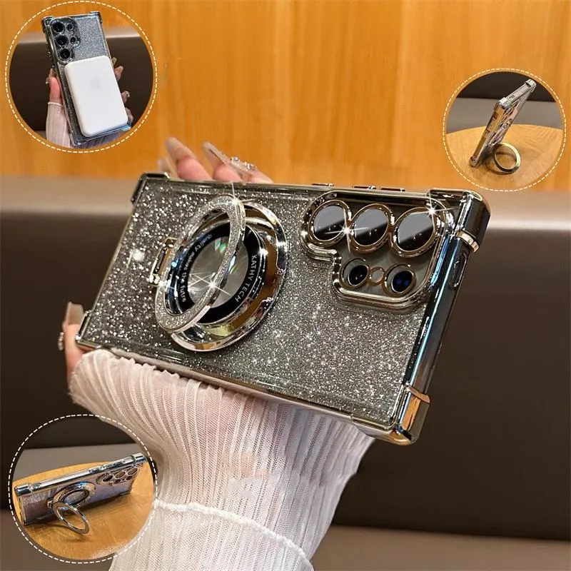 Pre Samsung A55 A35 A25 A15 A54 Glitter Držiak Magsafe pre puzdro Samsung Galaxy S24 Ultra S23 Fe S22 Plus Airbag Plating Cover
