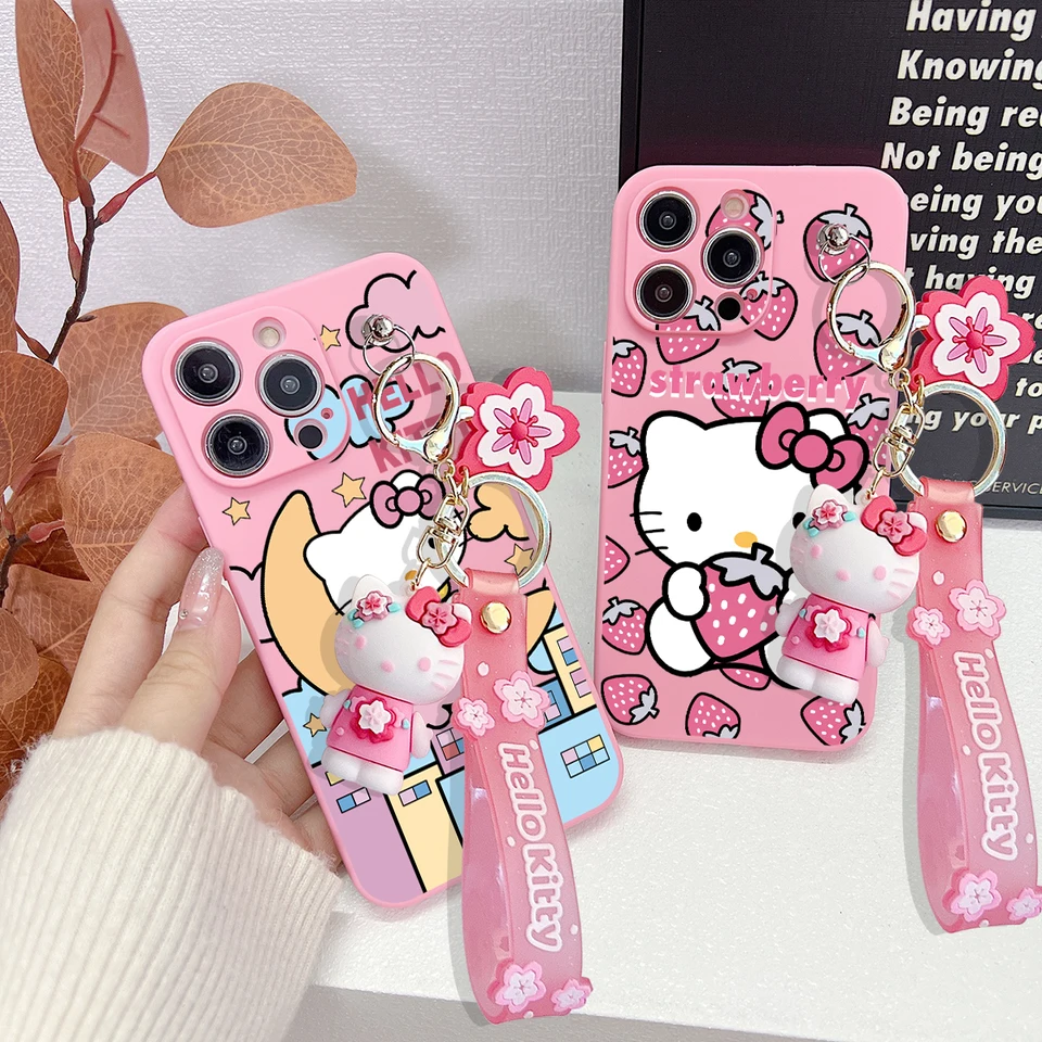 Pre Samsung Galaxy A13 A14 A03 A04 A23 A32 A23 A33 A52 A72 A34 A24 A54 A73 S23FE Strawberry Kitty Case s Keychain
