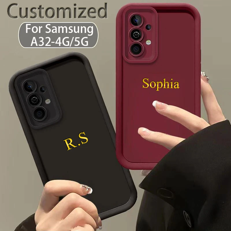 Pre Samsung Galaxy A32 5G 4G Personalizovaný vlastný názov puzdro A32 DIY vyryté iniciály Candy Bumper Shock odolný voči ochrannému krytu32