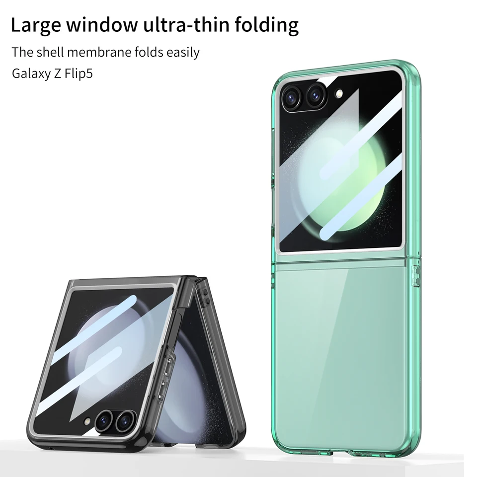 Pre Samsung Galaxy Z Flip 5 puzdro ultra tenká priehľadnosť sfarbenia s temperovaným skleneným nárazom odolným tvrdým krytom príslušenstva