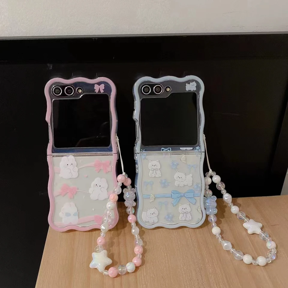 Pre Samsung Galaxy Z Flip 6 5 4 3 5G F7110 F7070 Luxusný krištáľový krištáľový roztomilý mačka králika Star Pearl Pearl Prapp Strap Cover Puzdro na telefón