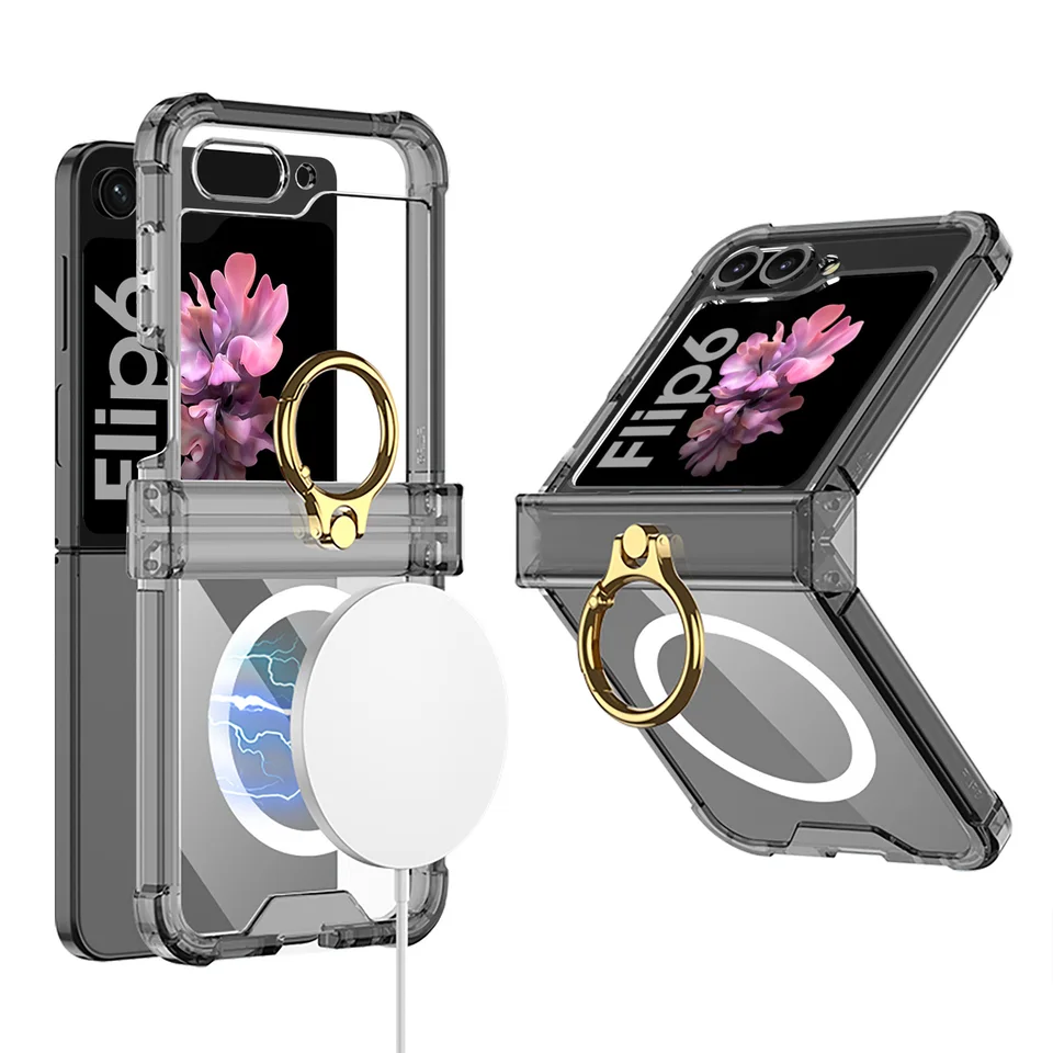 Pre Samsung Galaxy Z Flip 6 Zflip6 Magsafe Case Ring Skladací proti pádu zafarbený Transparentný štyri rohy nárazový nárazový kryt proti nárazu