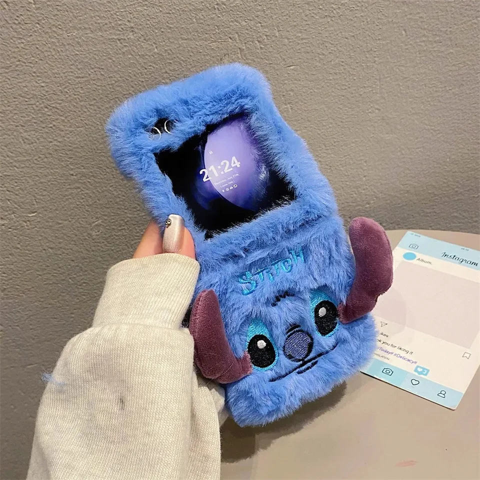 Pre Samsung Galaxy Z Flip Fold 3 4 5 6 Plyšový vyšívaný 3D karikatúra Stitch Telefón Puzdro na ochranu držiaka šošovky Ochrana šošovky