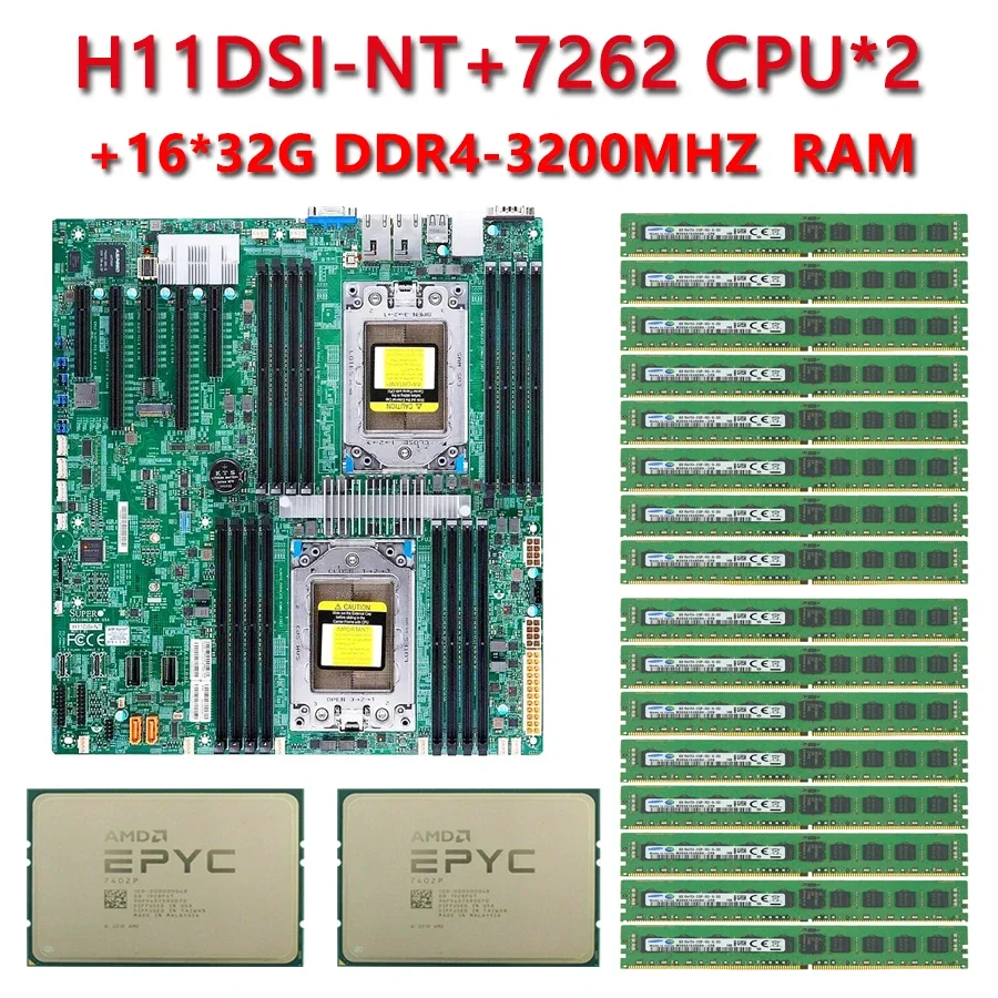 Pre SuperMicro H11DSI-NT Rev2.0 Základná doska / 2*AMD 7262 3,2 GHz 8C / 16T 128MB procesor CPU / 16*32 GB DDR4 3200MHz RAM Pamäť RAM