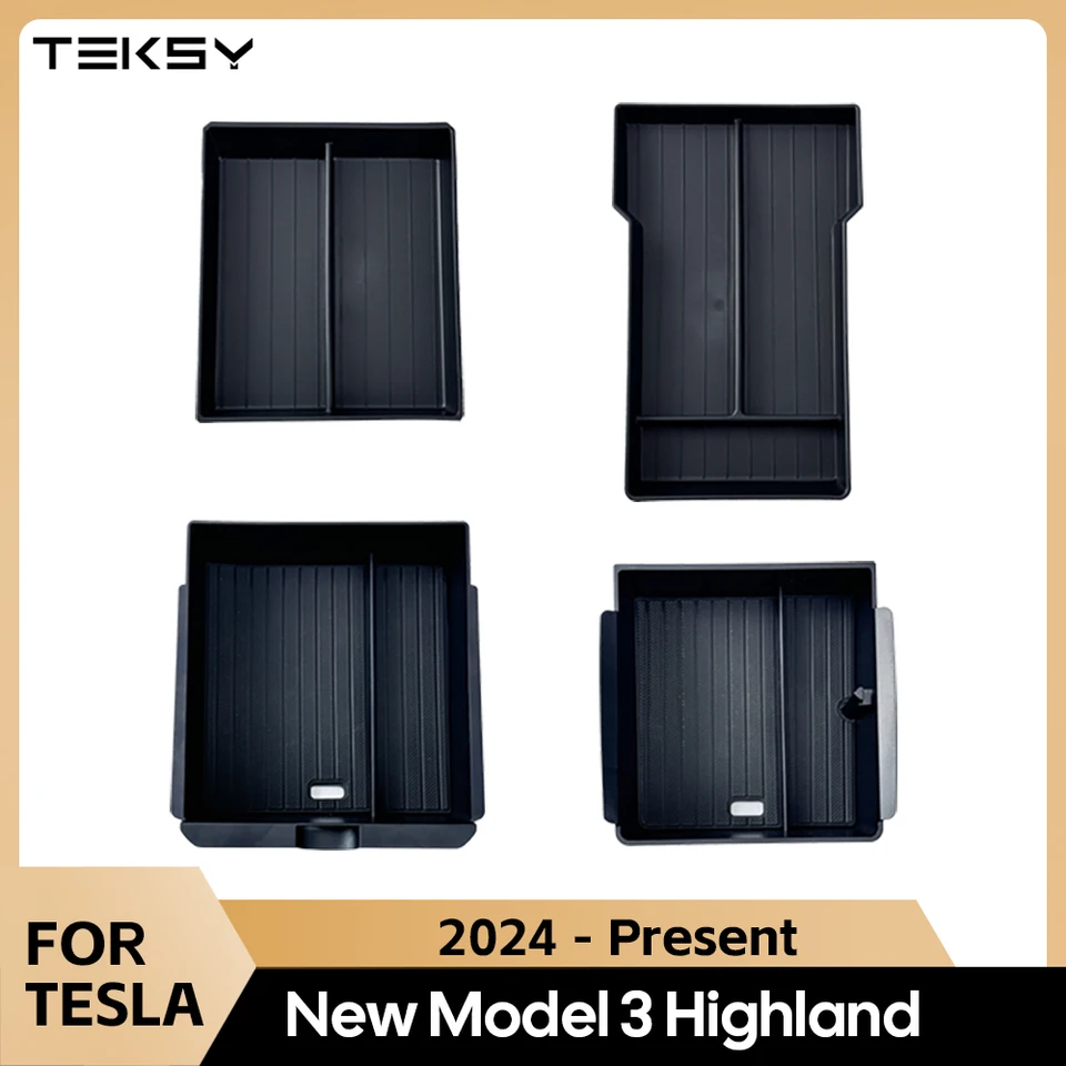 Pre Tesla Model 3+ Highland 2024 Stredová konzola okuliare Storage Puzdro lakťová lakťová lakťová skrinka Upper and dolné flockingové príslušenstvo nové nové príslušenstvo