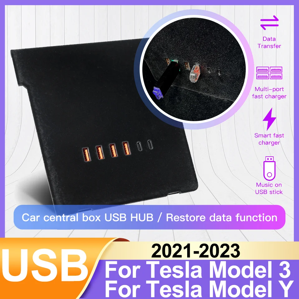 Pre Tesla Model 3 Model Y 2021-2023 Tesla CAR ACON ACON CENTRÁLNA KOMORSKÝ KOMOR USB HUB Obnovenie dátovej funkcie 65W 30W 4 USB+2 TYPE-C