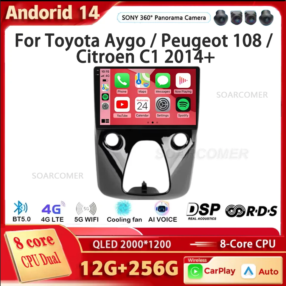 Pre Toyota Aygo / Peugeot 108 / Citroen C1 2014+ Android 14 CarPlay Auto Car Radio Multimedia Video Player GPS navigáciu