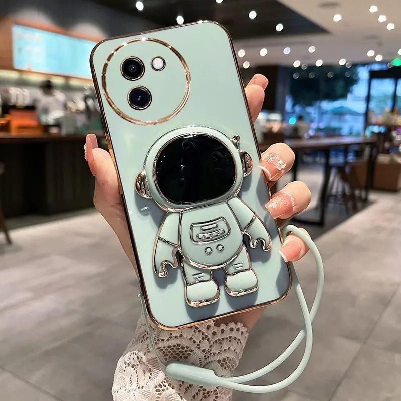 Pre Vivo Y38 Caseturbo Case 6d Electroplated Astronaut Telefón kryt pre Vivo Y 38 T3x Cute Lanyard Shock odolný nárazník Funda