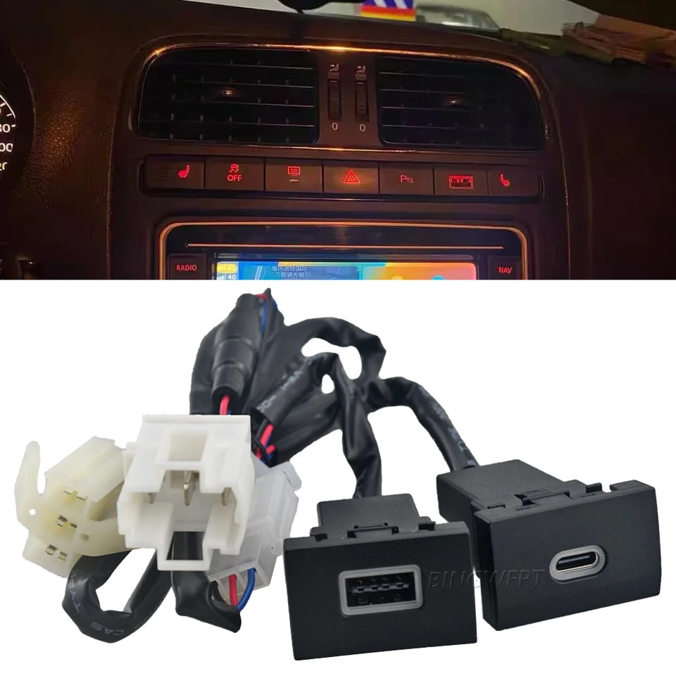 Pre Volkswagen Polo 11-13 Automatický telefón rýchle nabíjanie adaptér Tlačidlo Quick Car Charger QC3.0 Typ C PD USB Rozhrania zásuvky