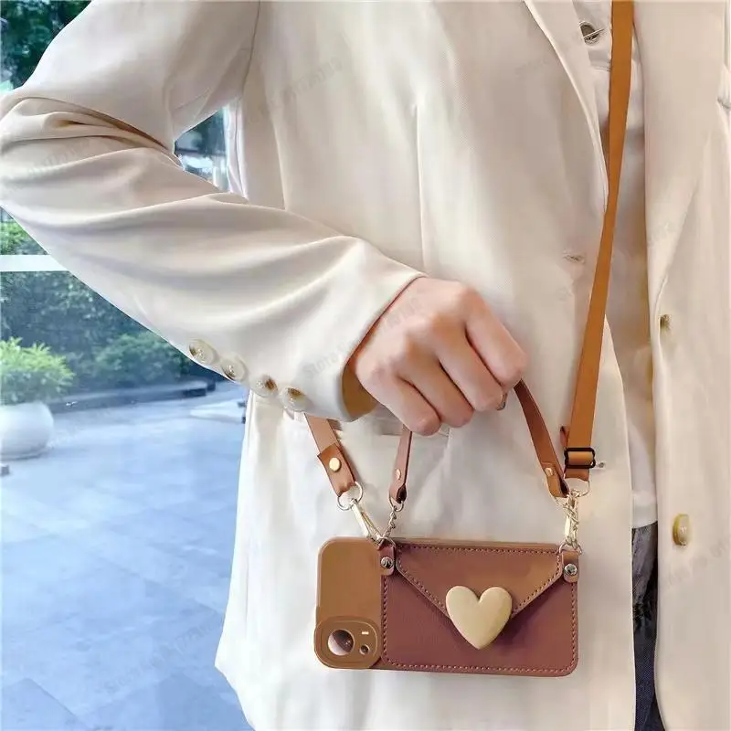Pre Xiaomi 13T Pro Crossbody Lanyard Wallet Card Case pre puzdro pre Xiaomi 13 Ultra 13T 12 11 12T Pro 3D Heart Soft Silicone Cover Cover