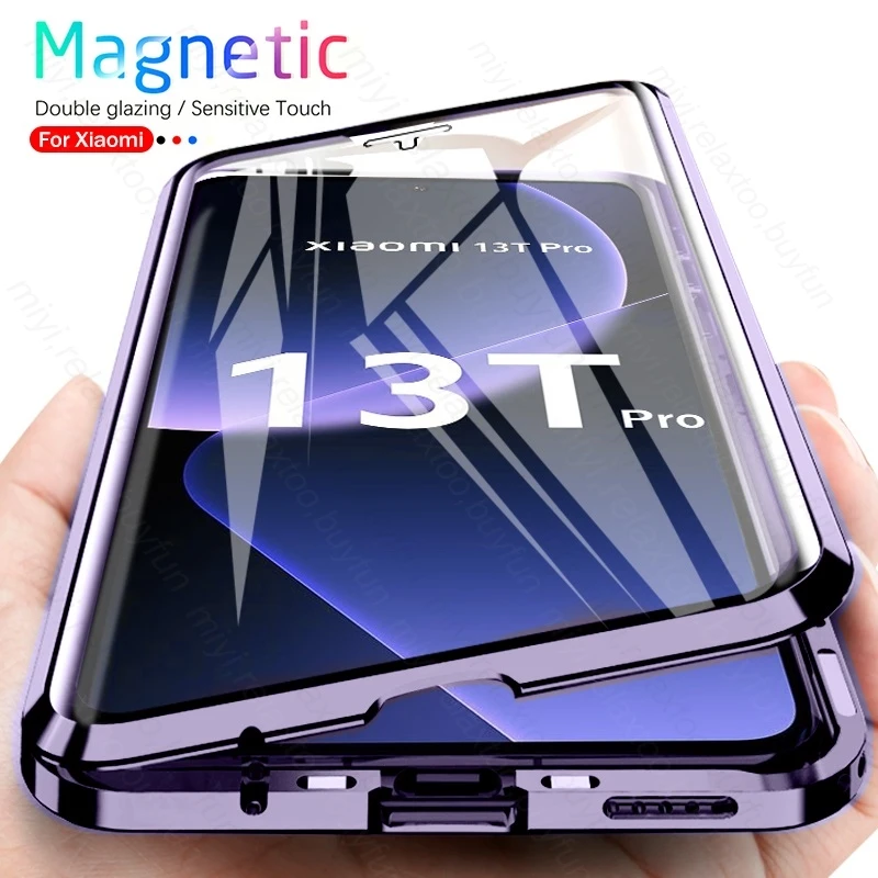 Pre Xiaomi 13T Pro Metal Rám Magnetická adsorpcia Dvojitá strana Temperované sklenené puzdro Xiomi Mi13T Mi 13 T 360 Úplný ochranný kryt
