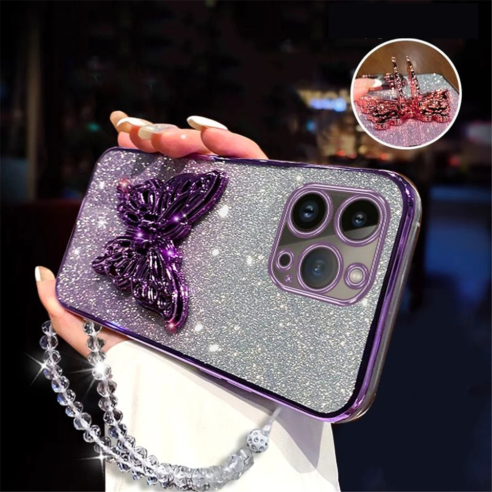 Pre Xiaomi 14T 3D Motýfly držiak na držiak kryštálového náramku pre Xiaomi 13T 12T 11T 14T Pro 13 12 11 LITE 5G NE Glitter Cover