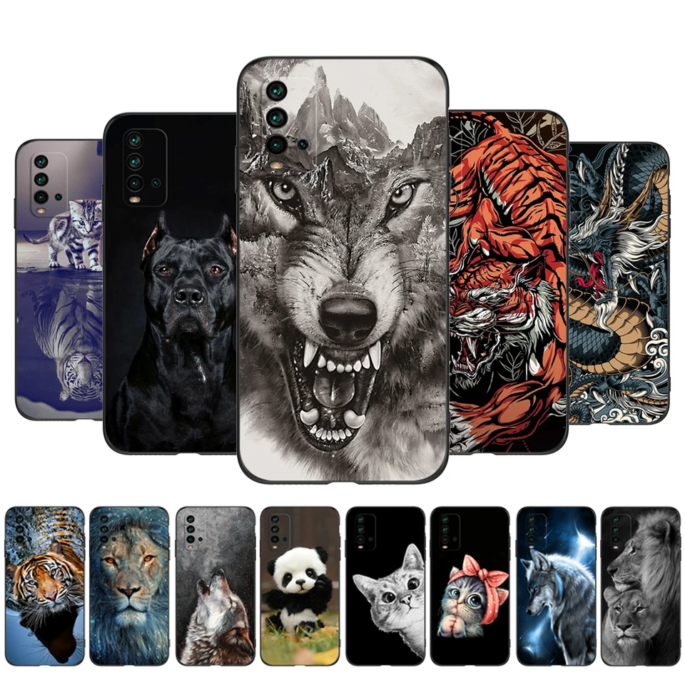 Pre Xiaomi Redmi 9T Case Silicon Telefón Zadný kryt Globálny nárazník 6,53 palca Čierny TPU Lion Wolf Tiger Dragon