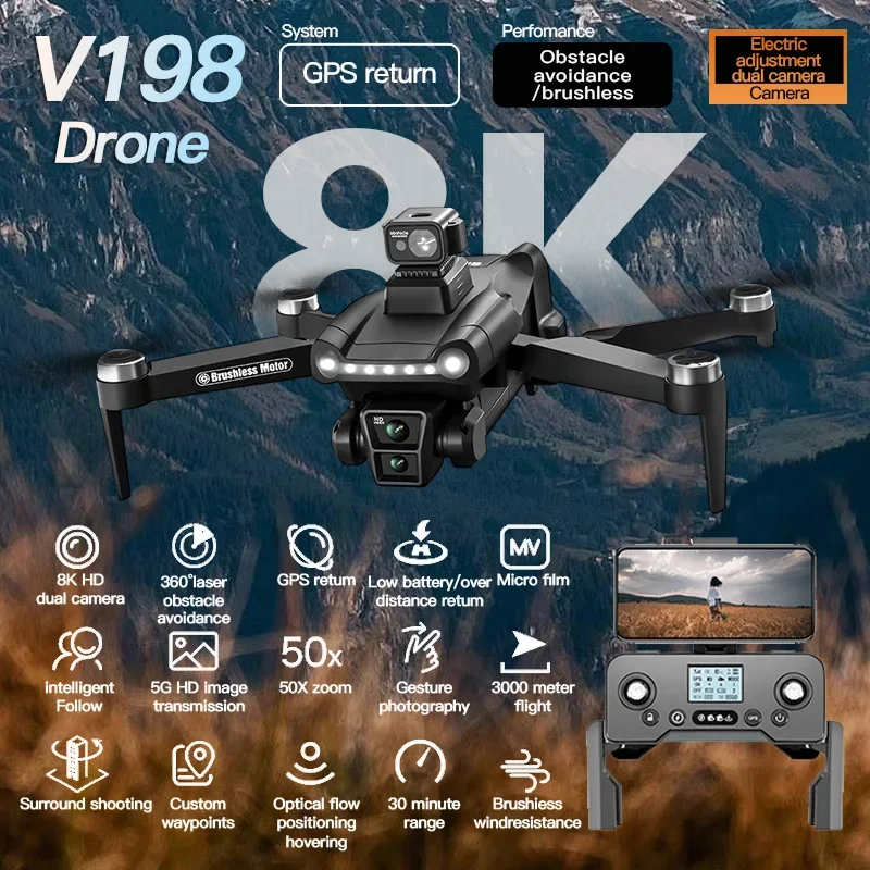 Pre Xiaomi V198GPS dron ESC 8K Profesional HD Camera bez prekážok vyhýbania sa leteckým optickým zloženým quadcopterom DRONE NOVÝ