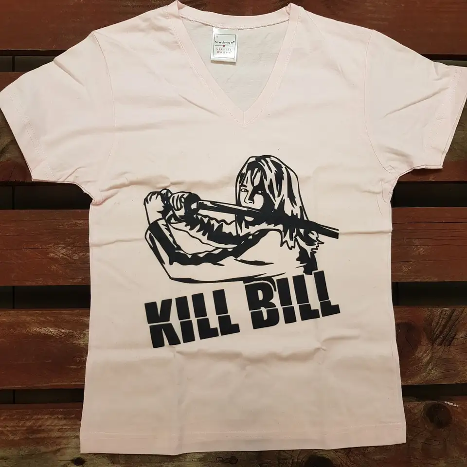 Predaj i156 Kill Bill Movie Music Plagát vintage svetloružová farebná dámska veľkosť tričku s veľkosťou s