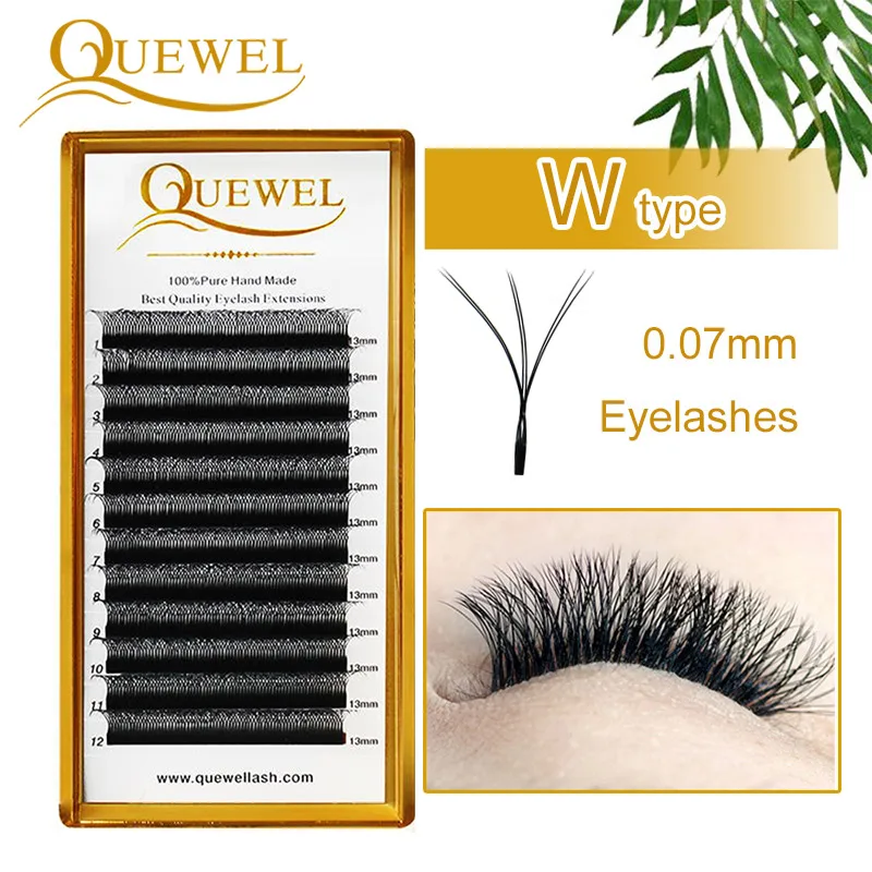 Predlžovanie mihalníkov v štýle Quewel 6d W Double Tip 3D Premade Volume Fans Lashes W Tvar False riasy 8-15 mm populárna hrubá hrubá