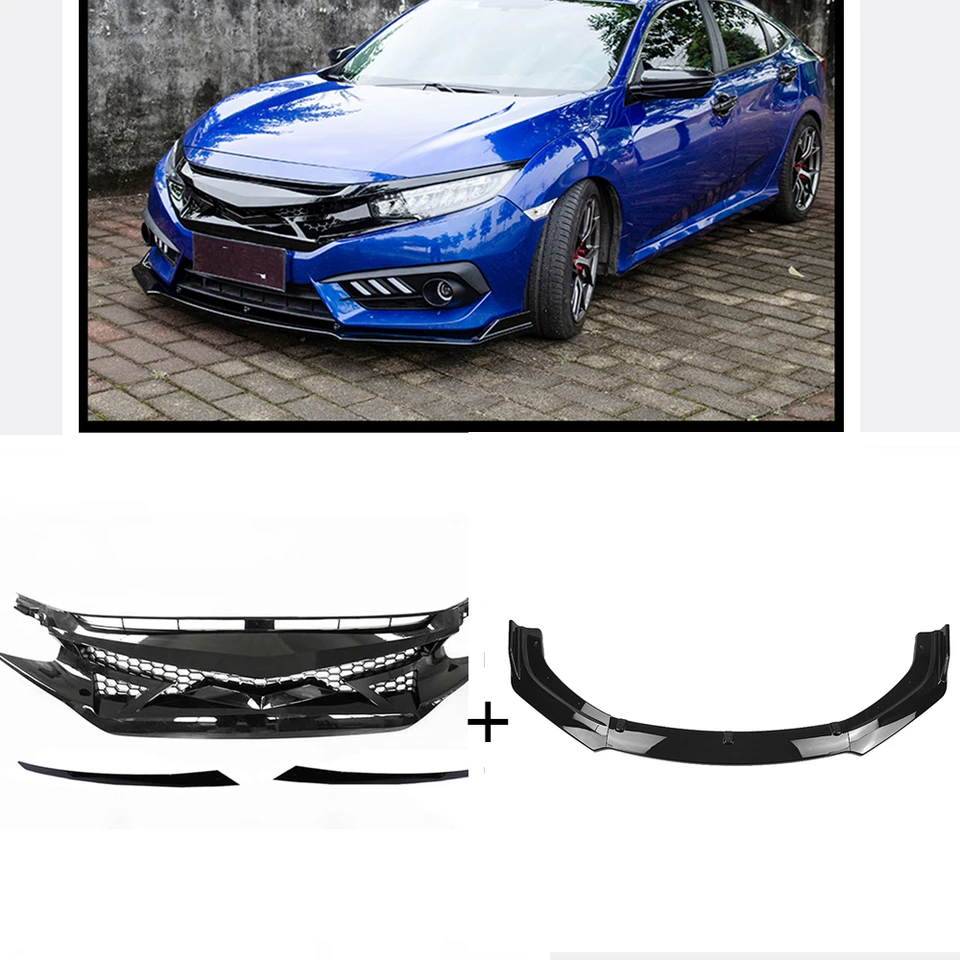 Predná horná grilová mriežka mriežka a dolný splitter Splitter Lip pre Honda Civic 2016-2018