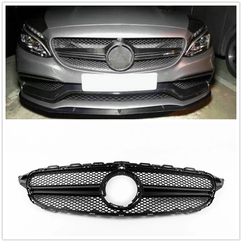 Predná mriežka pre mriežku pre Mercedes Benz W205 C Class 2019-2021 C180 C200 C300 C350 AMG Čierna/strieborná horná nárazník s kapucňou