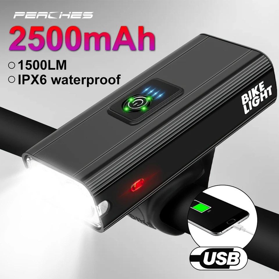 Predné svetlo bicykla 1500 Lumen USB Nabíjateľná lampa lampa hliníková zliatina vodotesná cyklistická baterka MTB Bicykle príslušenstvo