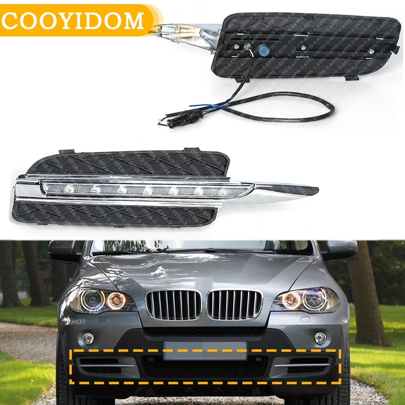 Predný nárazník Auto LED predný nárazník DRL FOG HEAD LAMPLA SVETLÁ DENNÉ RUNG RUNG Light Cover pre BMW X5 E70 2007 2008 2009 2009 2010 CAR STYLING