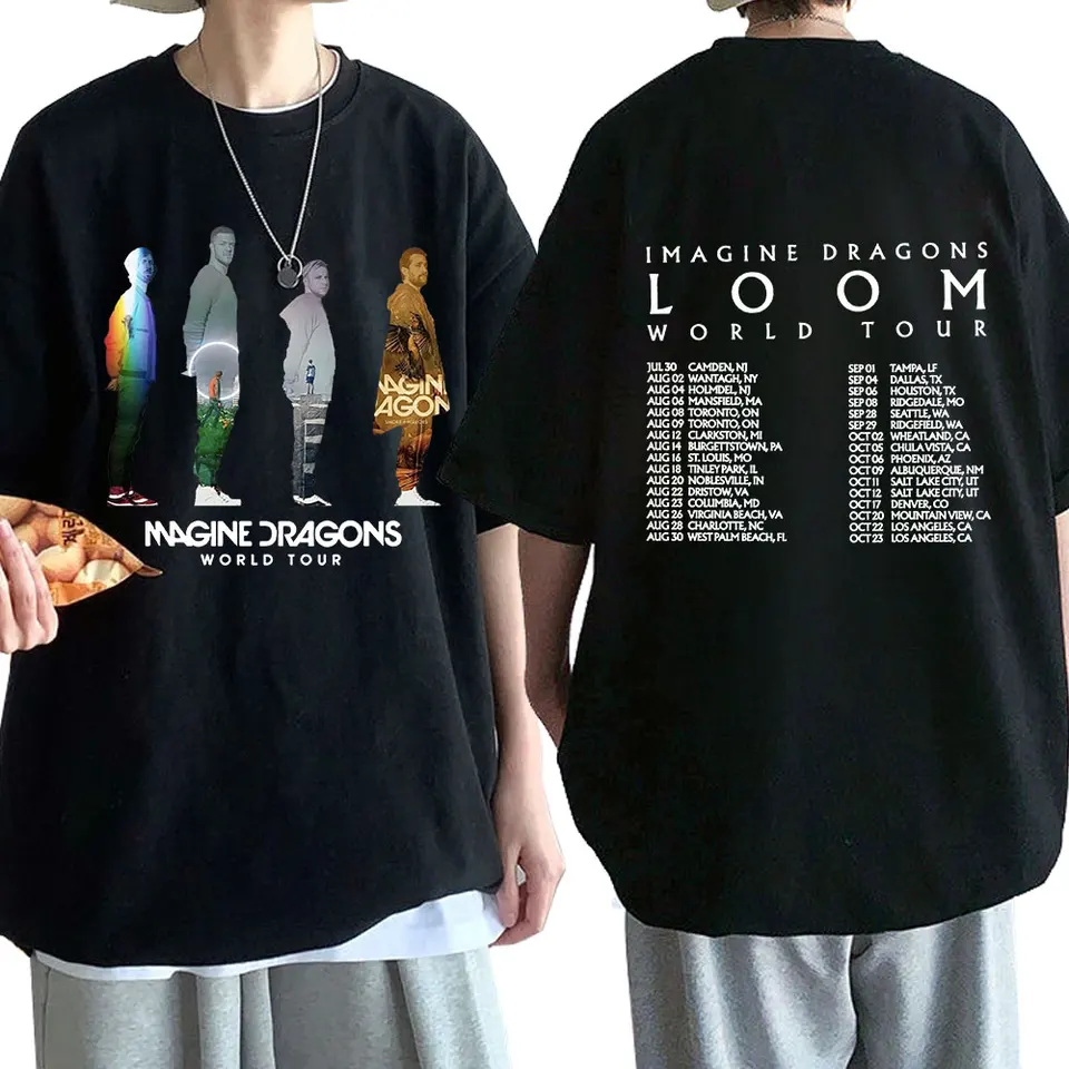 Predstavte si draky Loom World Tour 2024 tričká Hip Hop Rock Band Vintage Tričko darujte 100% bavlnu voľný krátky rukáv tričko s krátkym rukávom