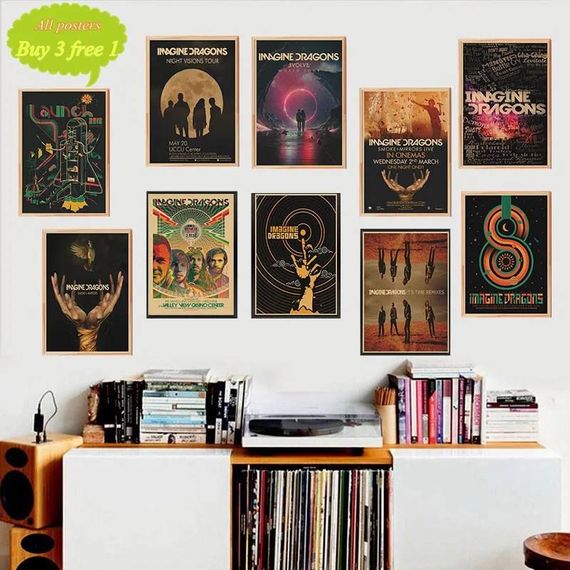Predstavte si draky rocková skupina hudba Kraft Paper Pating Printing kresba jadra dekoratívna maľba