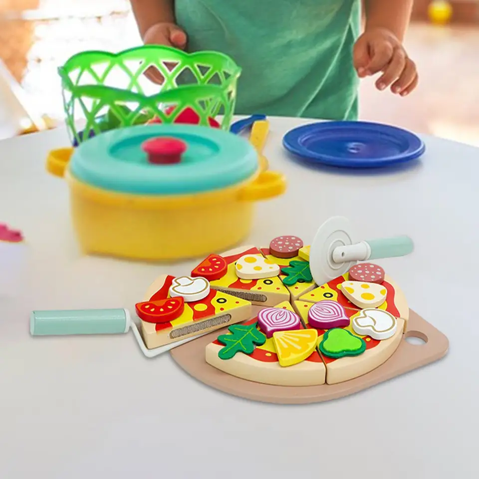 Predstierať hračky na varenie hračiek, hračky Montessori, vzdelávacie, drevené hračky na pizzu, pizza Hra jedlo pre batoľatá dievčatá 3 4 5 rokov staré