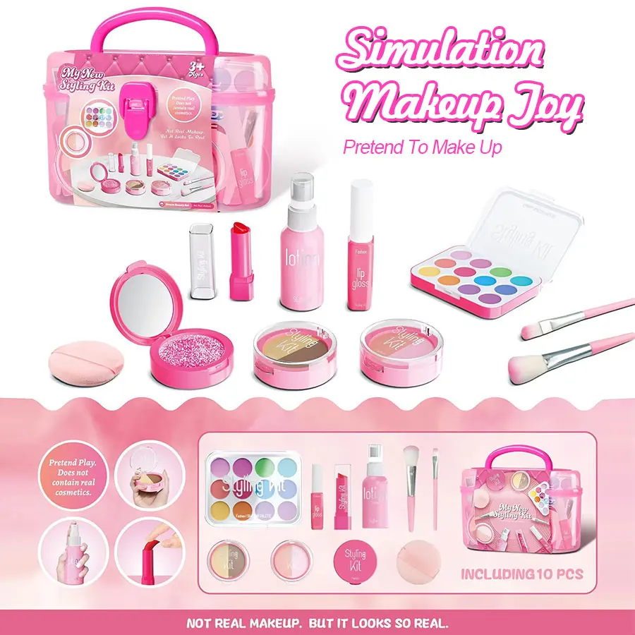 Predstierať make-up Playset, 10-dielnu netoxickú hračku s kozmetikou s paletou očných tieňov, rúžom, aplikátormi, (nie skutočným make-upom)