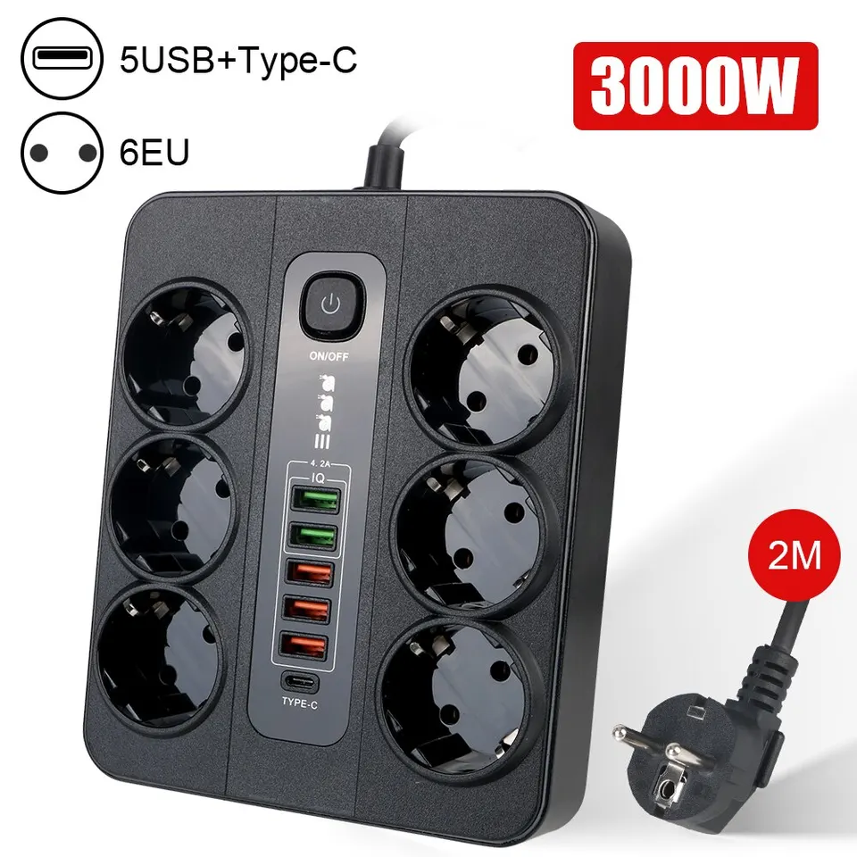 Predĺženie zásuvky s bezpečnostným spínačom Power pruh pre kancelársku domácu zástrčku EÚ 3000W 2M Kábel preťaženie ochrany USB Typ C Porty