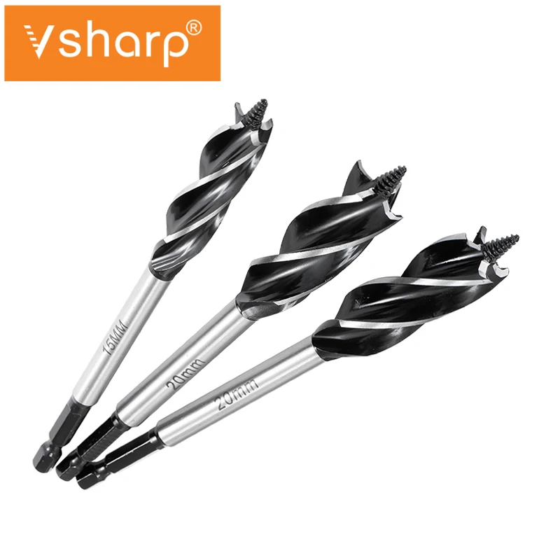 Predĺžená drevená vŕtačka bit hlboký otvor Twist vŕtačka HEX HEX RANUCK Štyri sloty Štyri čepeľové drevené dvere otvárač otvoru 6,3 mm stopka