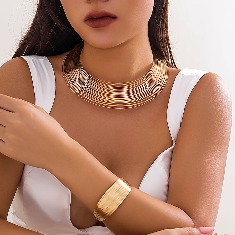 Prehnané kovové drôty krútiace momenty Choker náhrdelník Otvorené manžety náramky Grunge šperky set žien Africa nastaviteľná reťaz parná mená mužov
