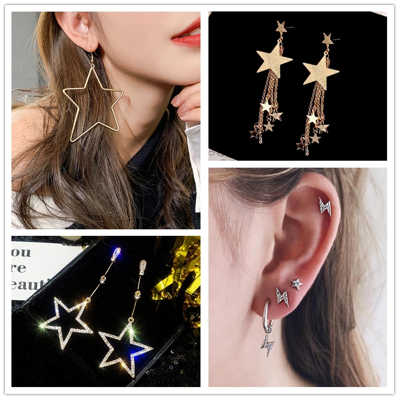 Prehnaný pentagram hviezdny kovový reťazec Tassel Long Drop náušnice pre vyhlásenie šperkov bling krištáľový perl brincos bijoux