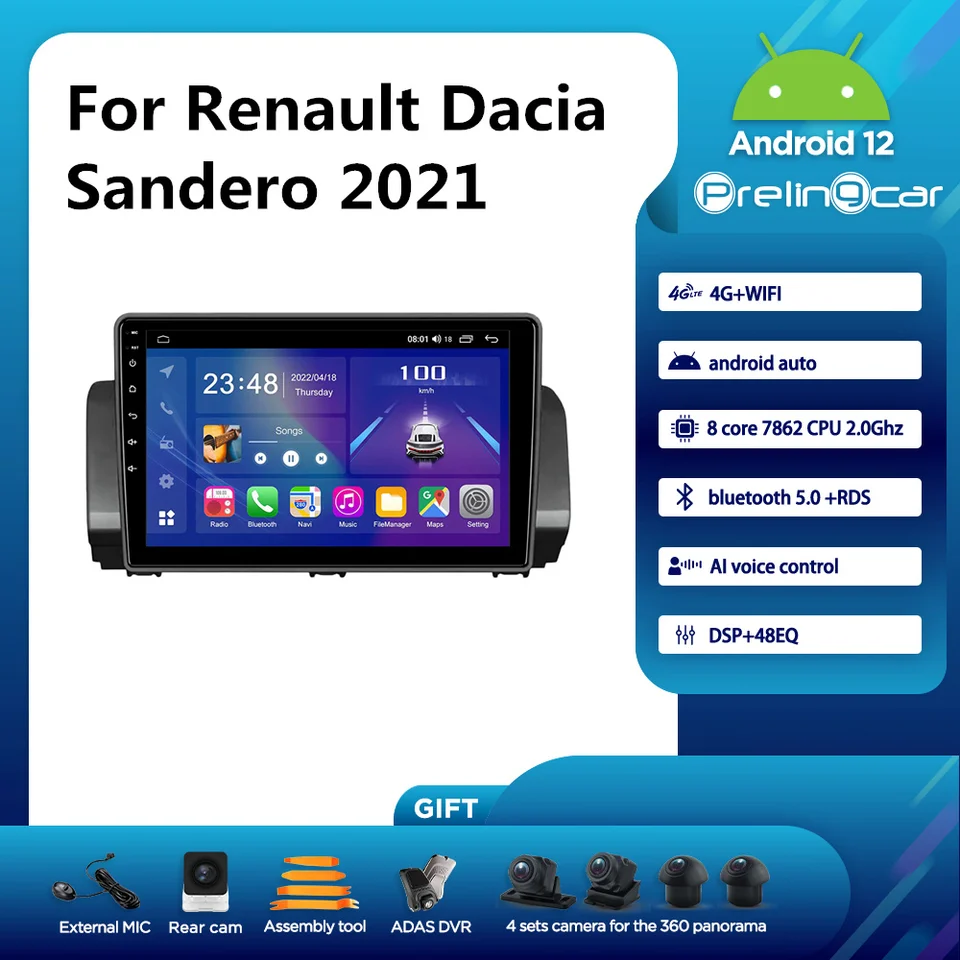PrelingCar Android 12 Car Radio pre Dacia Sandero Renault Talïant 2021ys 10 palcov Multimedia Video Player Navigation GPS Octa-Core