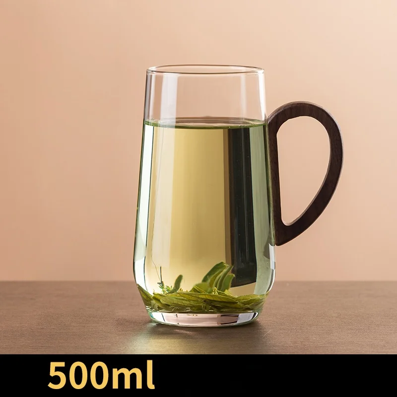 Prenosná 500 ml drevenej rukoväte kávu hrnček Priehľadný sklenený pohár domácich kuchynských nápojov kvetinový čaj šálka kaviarne čajovňa