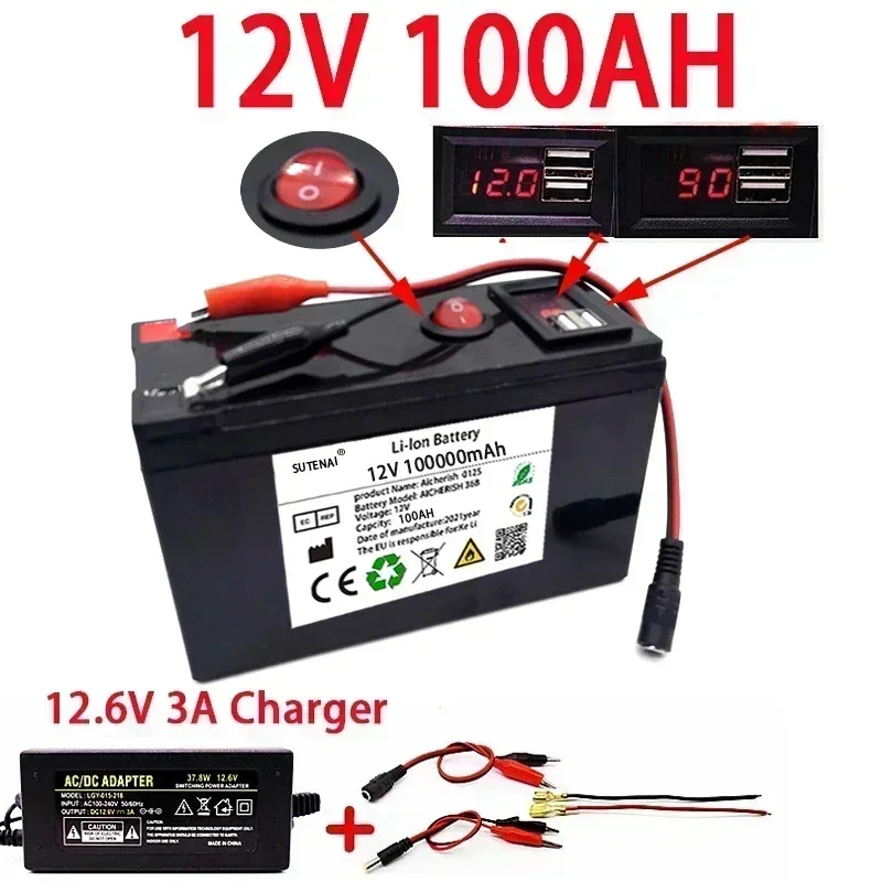 Prenosná dobazateľná lítiová batéria LifePo4 12V 100AH ​​Vstavaná 5V 2.1A USB Android Apple nabíjací port s 12,6 V 3A nabíjačkou