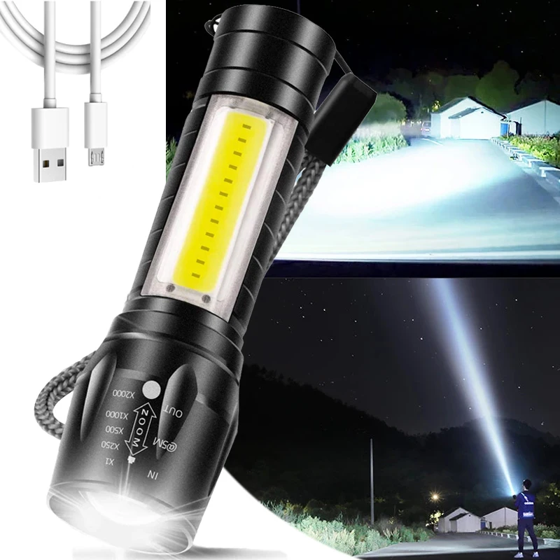 Prenosná nabíjateľná baterka USB s Lanyardom vonkajšie núdzové svetlo Light Light 4 Modes Cyklistické kempingové osvetlenie