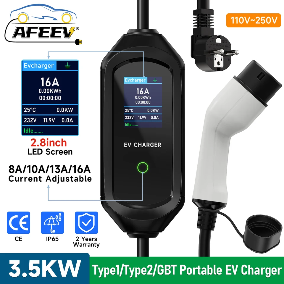 Prenosná nabíjačka AFEEV TYP2 IEC62196-2 16A EVSE Rýchle nabíjanie kábla typu1 SAE J1772 Wallbox 3,5KW GBT Electric Car Charger